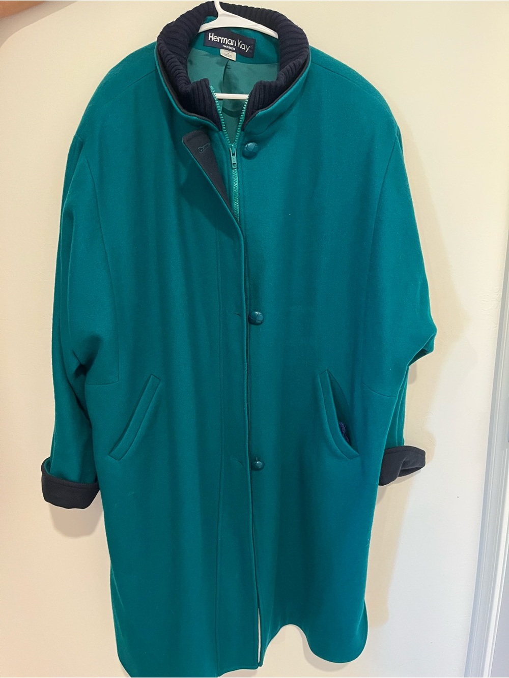 Herman Kay Women's Teal Wool-Blend Pea Coat with Contrast Collar